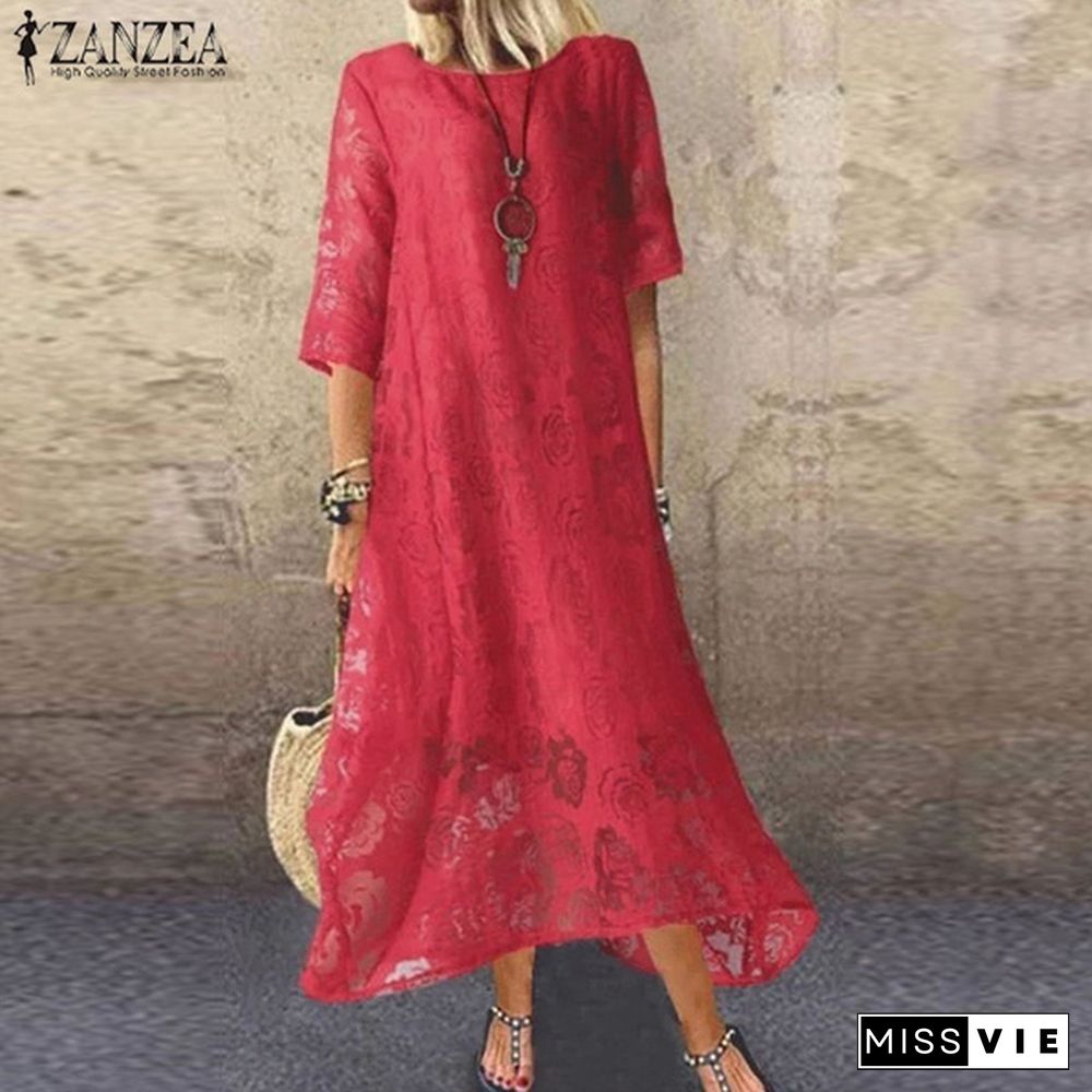 ZANZEA Women Oversized Lace Crochet Cotton Lining Crew Neck Loose Shirt Dress