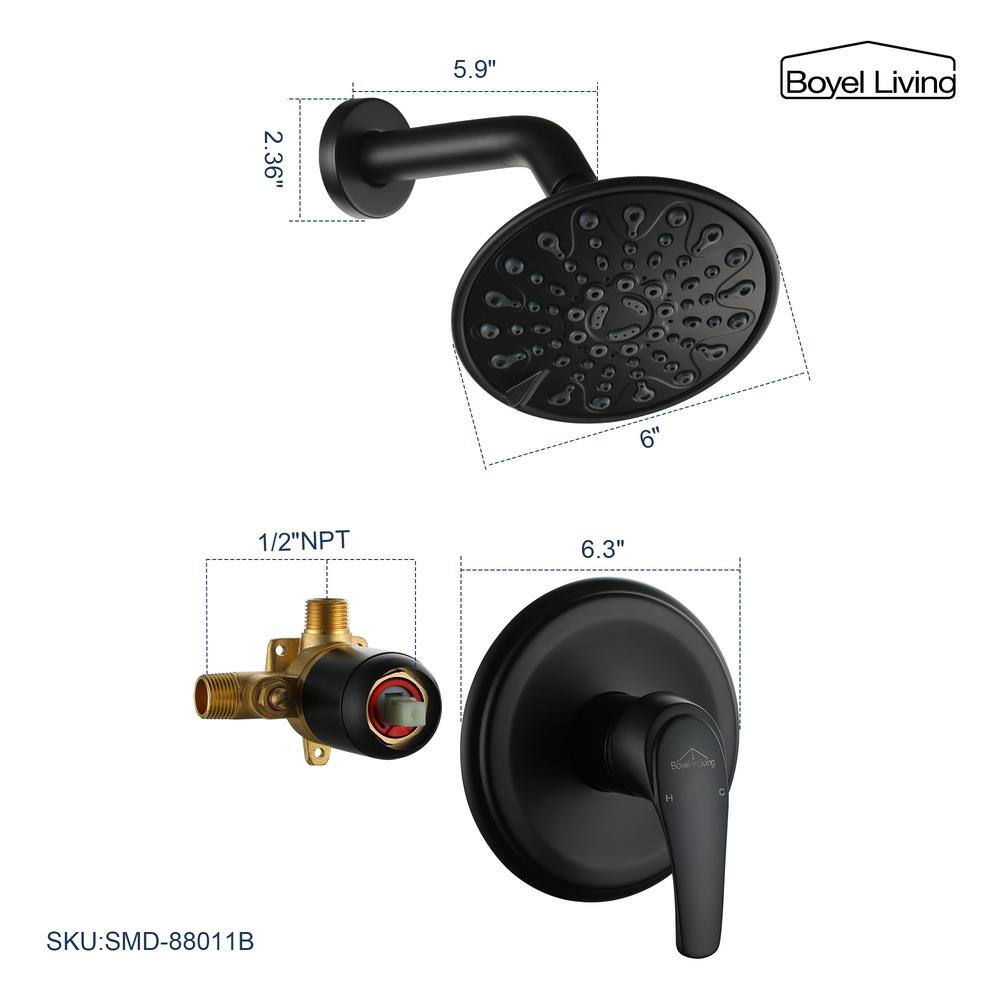 Boyel Living 6-Spray Patterns with 2.1 GPM 6 in. Wall Mount Rain Fixed Shower Head with Single Handle and Valve in Matte Black SMD-88011B