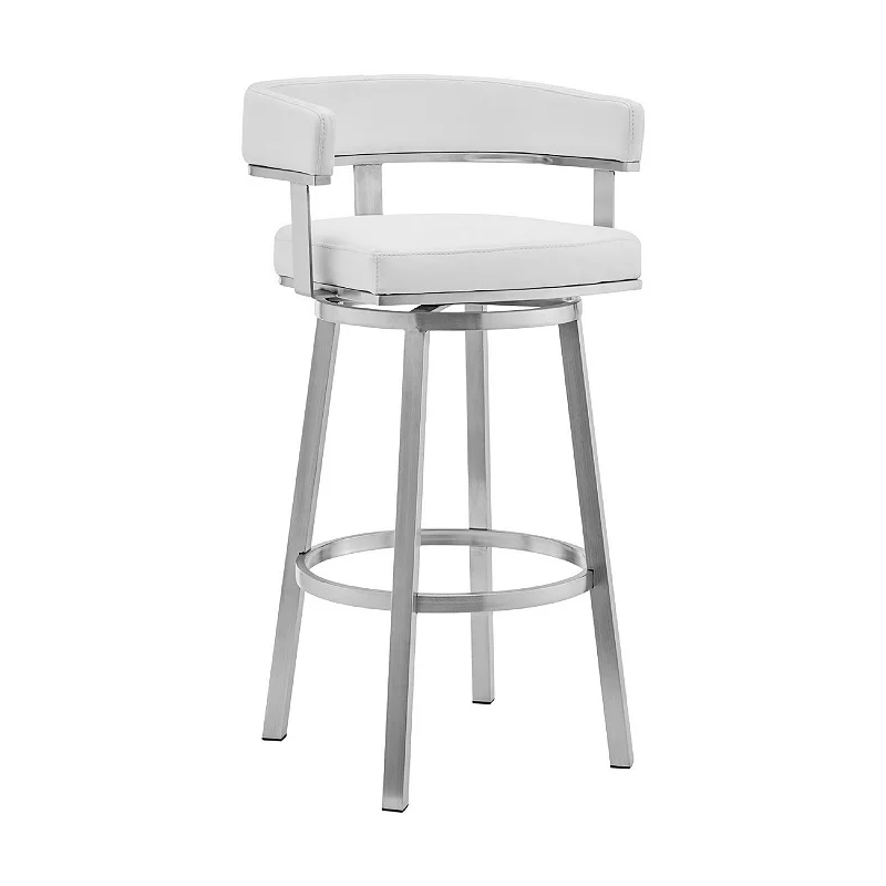 Swivel Barstool with Curved Open Back and Metal Legs， White and Silver