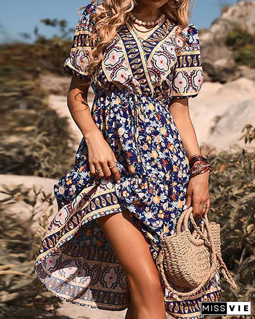 Casual Vintage Boho V-Neck Print Dress