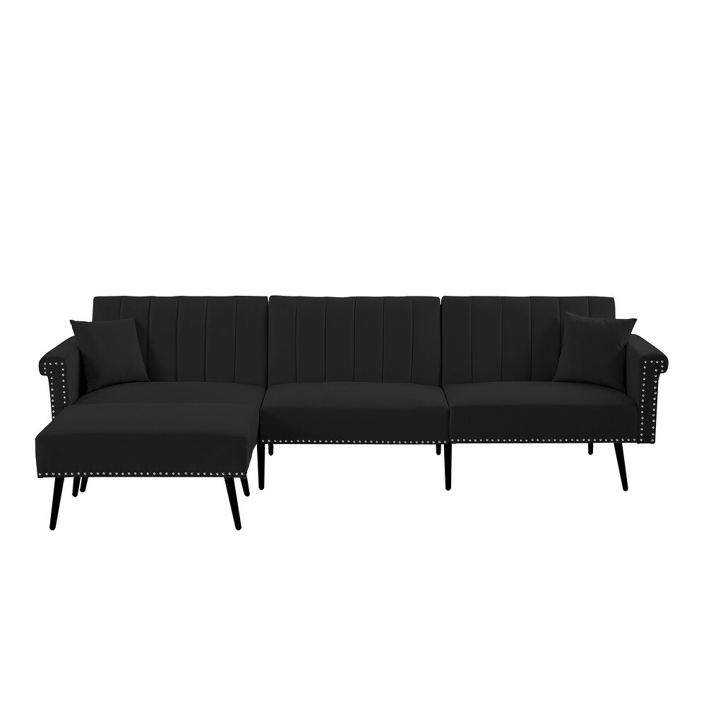 Velvet Upholstered L Shaped Sectional Sofa Convertible Sofa Bed with Nailhead Trim and Ottoman  Adjustable Backrest Positions