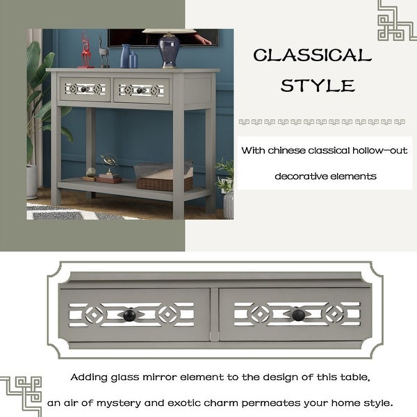 Classic Wooden Console Table with 2 Top Drawers and Open Storage Shelf， Sofa Table with Hollow-out Decoration， Silver