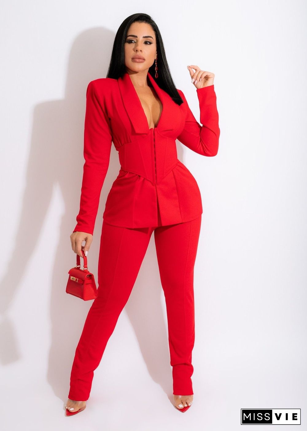 Solid Blazers with Girdle Corset and Pants Suit