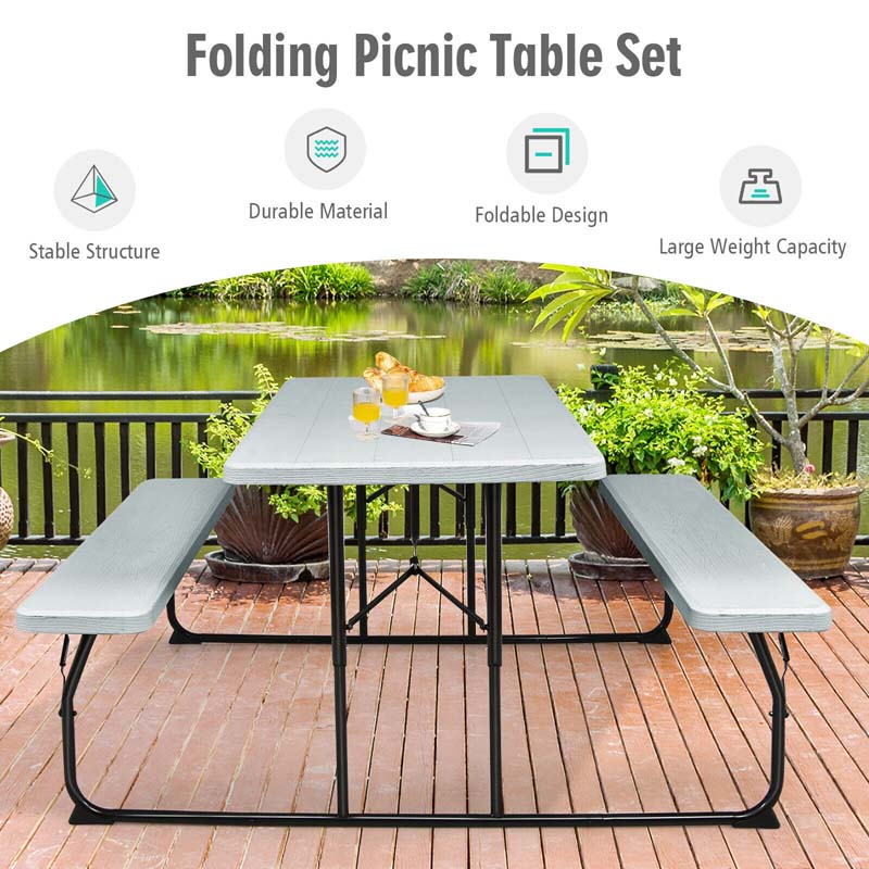 4-Person Folding Picnic Table Bench Set with Wood-like Texture & Metal Frame, Portable Outdoor Camping Dining Table Set