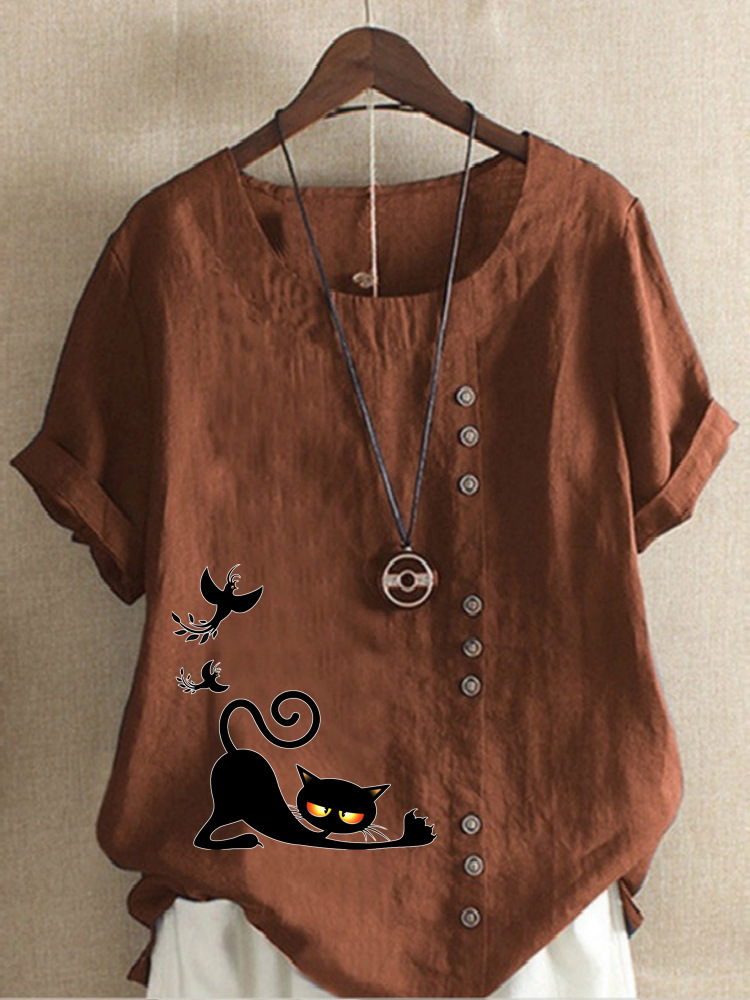 Round Neck Casual Loose Cat Print Short Sleeve Blouse