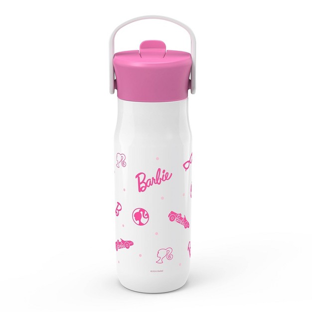 Zak Designs 20 Fl Oz Stainless Steel Barbie Water Bottle With Straw Pink white