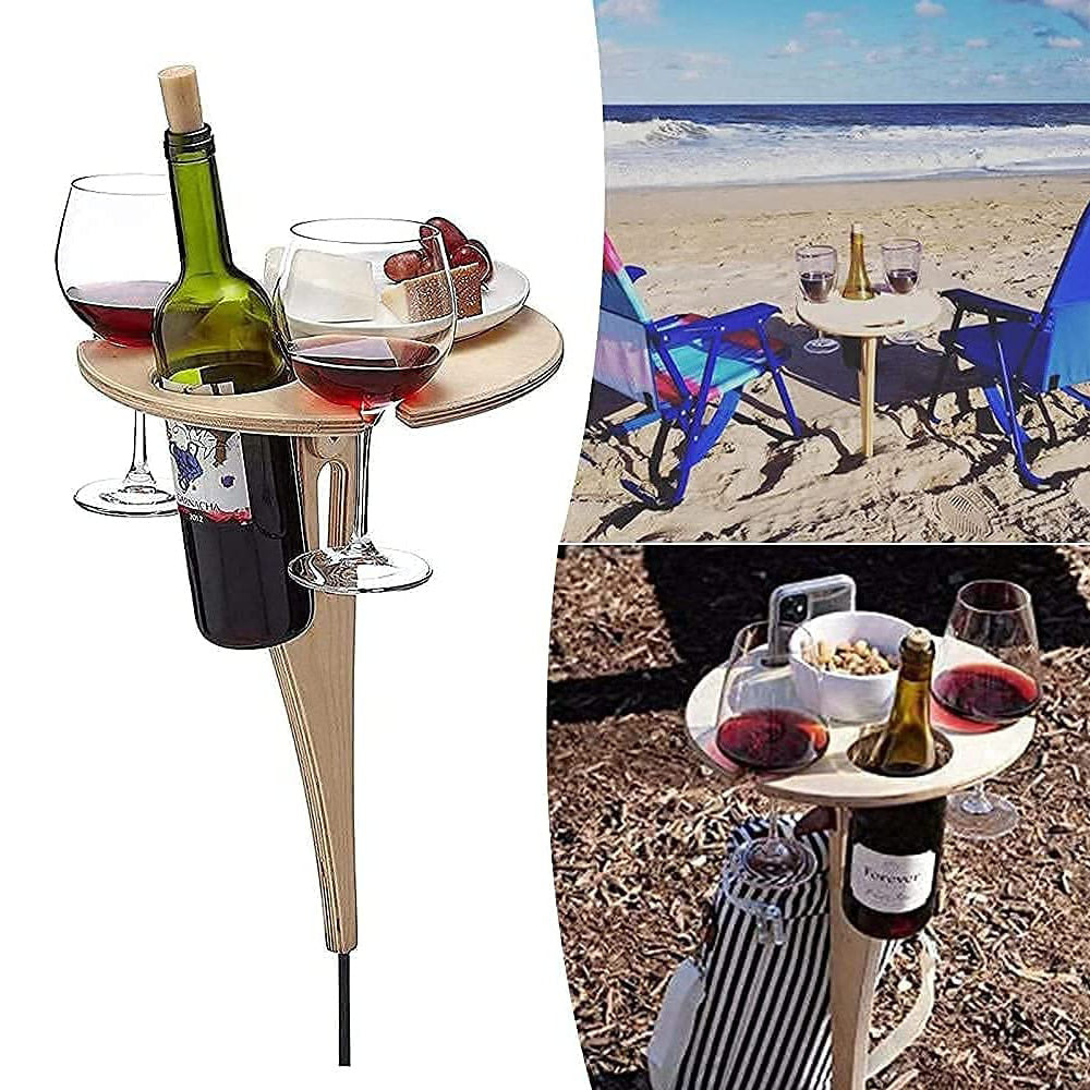 Outdoor Wine Table Picnic， Holder Portable Folding Wine with Round Desktop Wooden Picnic Table for Outdoor Picnic Wine Glass Holders， Gardening， Travel， Camping， BBQ， Party