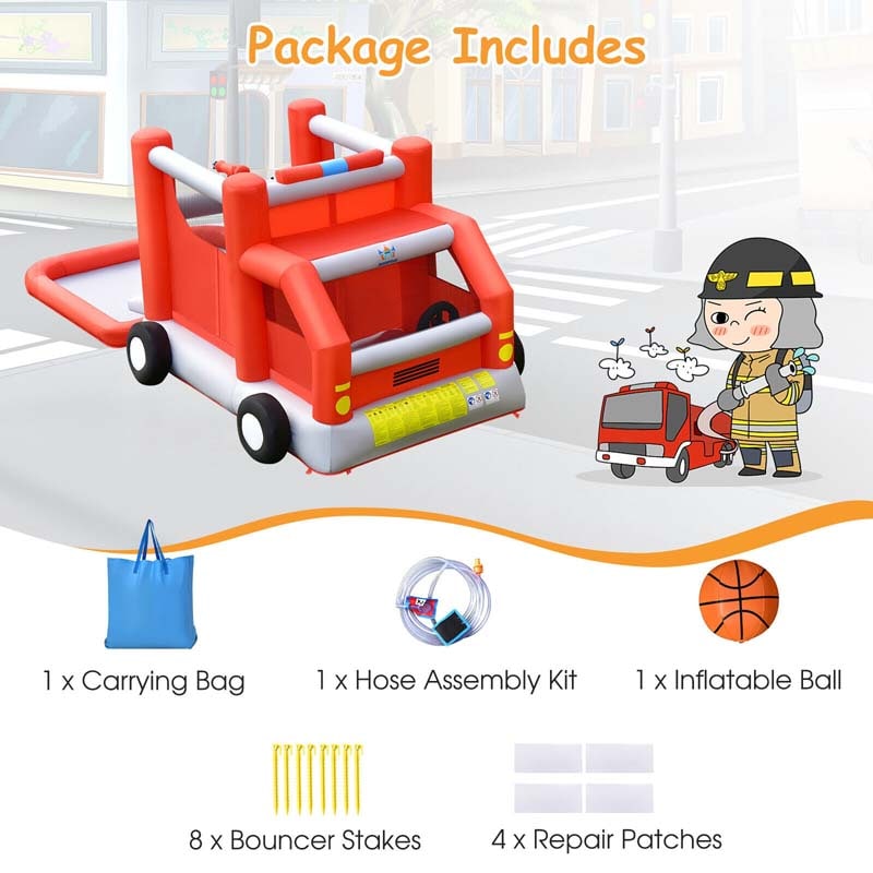 6-in-1 Fire Truck Themed Kids Water Park Jumping Bounce House Inflatable Water Slide without Blower