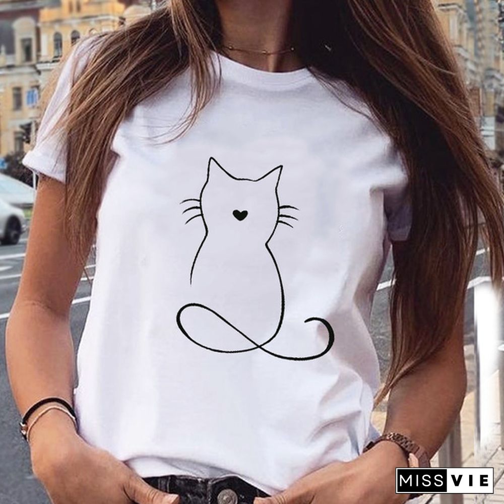 Women Graphic Cat Lovely Animal Fashion Short Sleeve Spring Summer Cartoon Print Female Clothes Tops Tees Tshirt T-Shirt