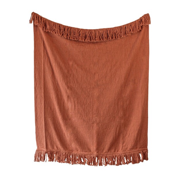 Hand Woven Rust Yarn Fringe Throw Blanket Cotton By Foreside Home amp Garden