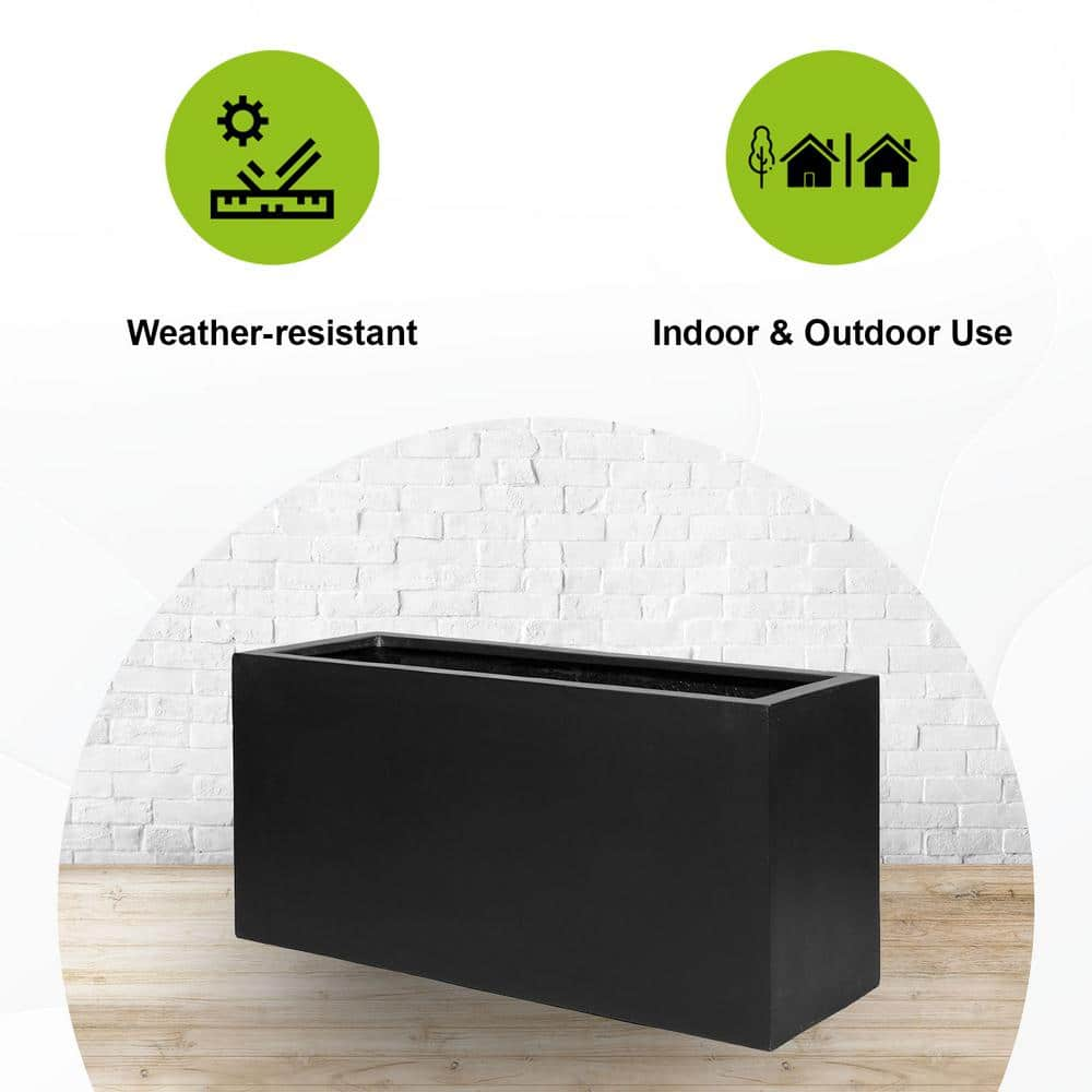 PotteryPots Jort Small 16 in. Tall Black Fiberstone Indoor Outdoor Modern Rectangular Planter E1066-S1-01