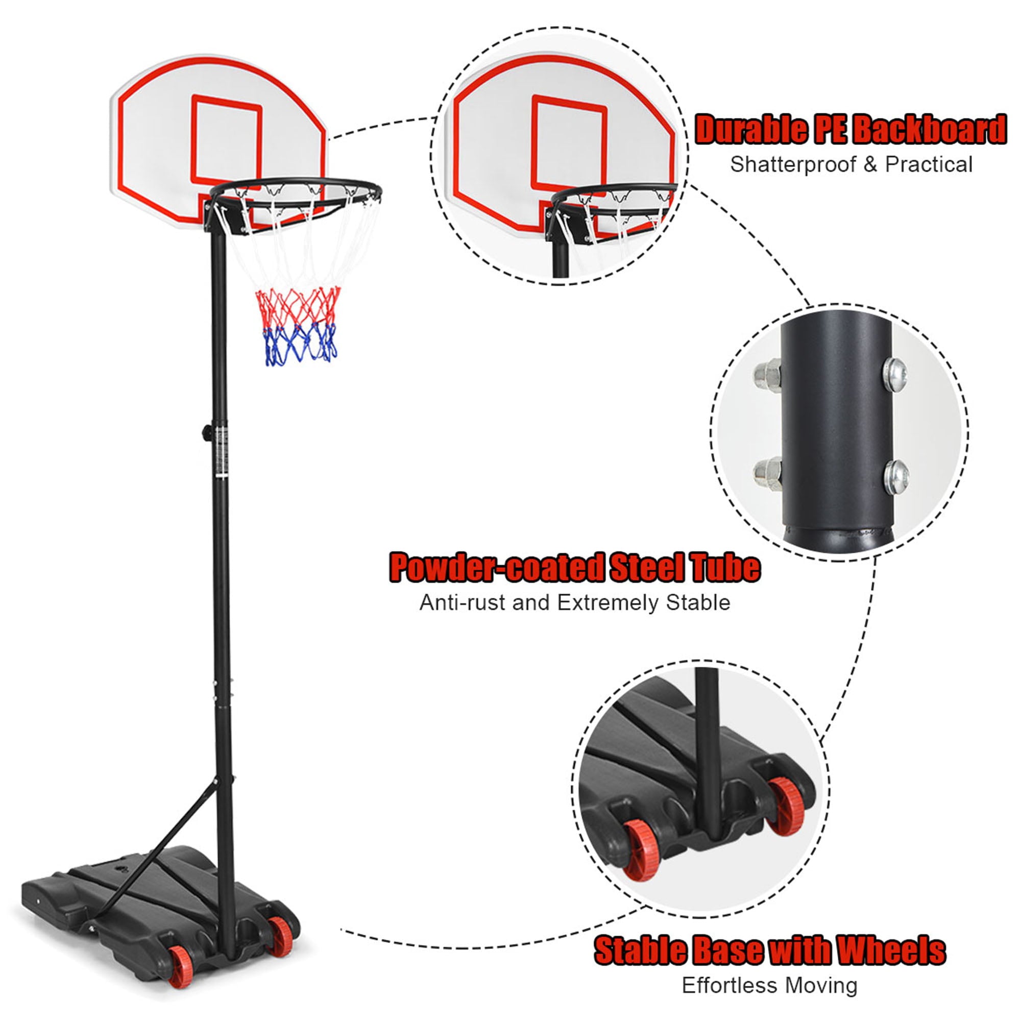 Inolait Portable Kids Junior Height-Adjustable(5.2 Ft-7 Ft) Basketball Hoop Stand Backboard System with Wheels