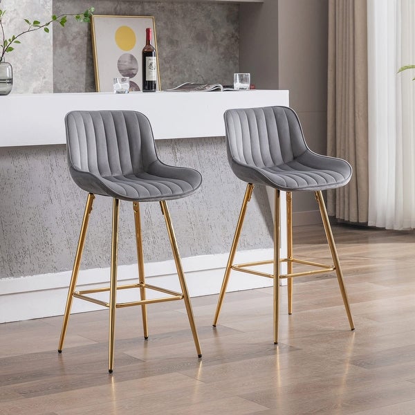 30 inches Bar Stools Set of 2， Velvet Bar Height Stools with Golden Base， Modern Counter Height Chair with Footrest (Gray)