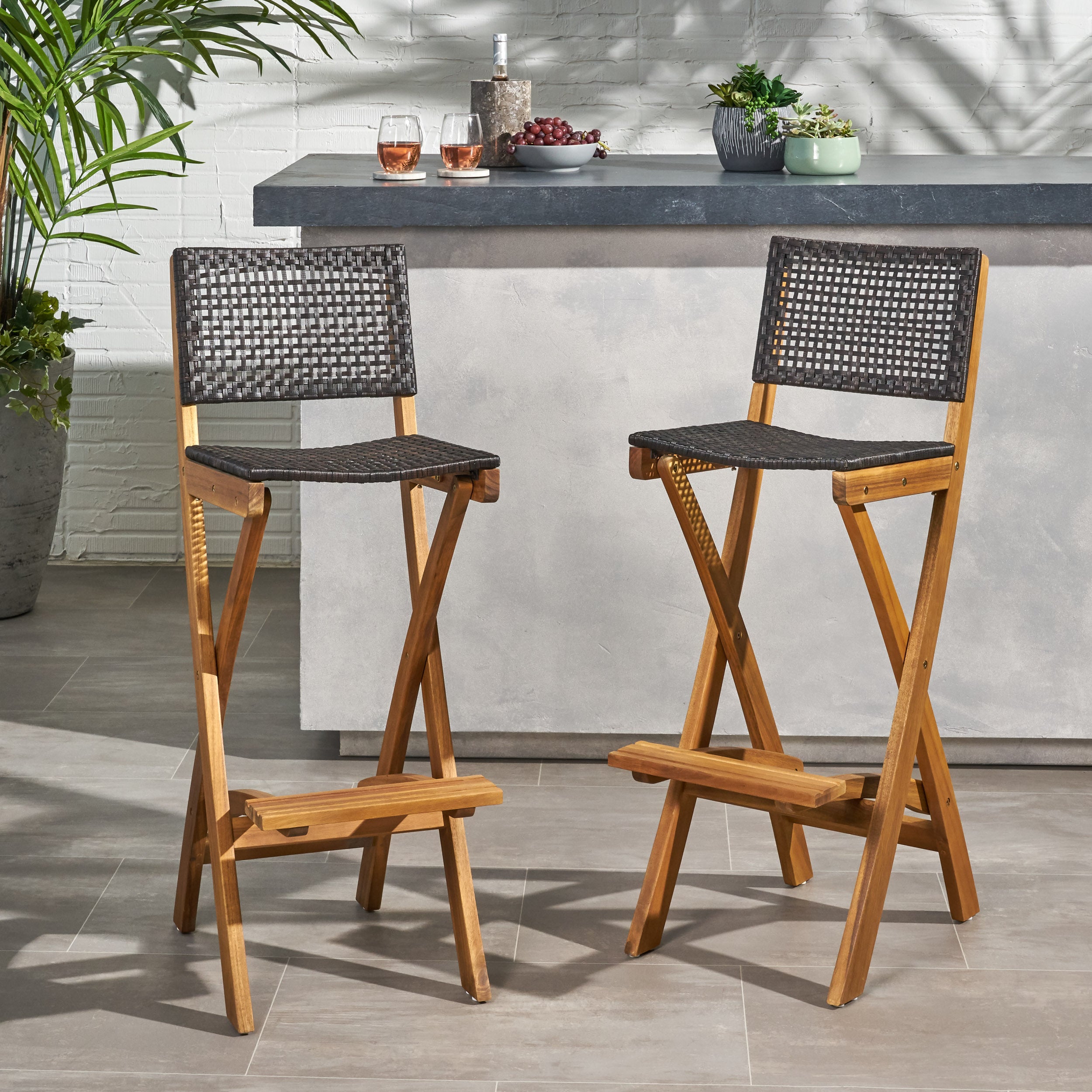 Teresa Outdoor Folding Acacia Wood Barstools (Set of 2)