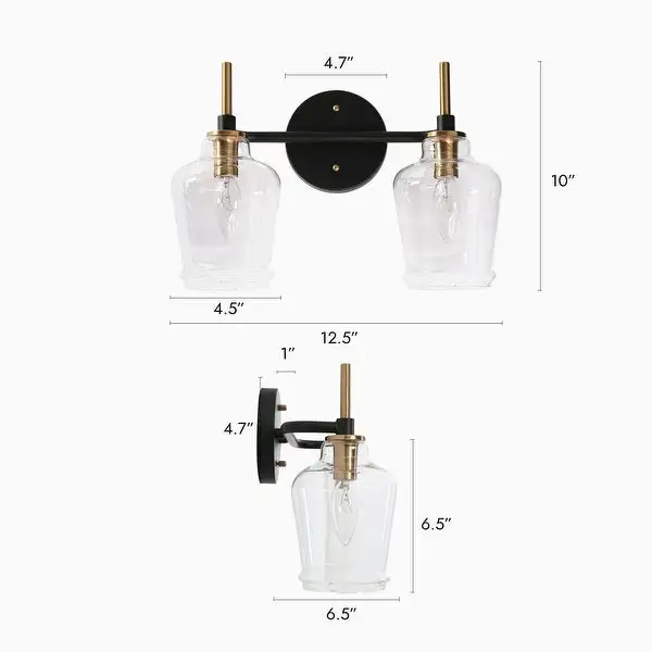 Modern 2-Light Black Gold Bathroom Vanity Light Dimmable Wine Glass Wall Sconces