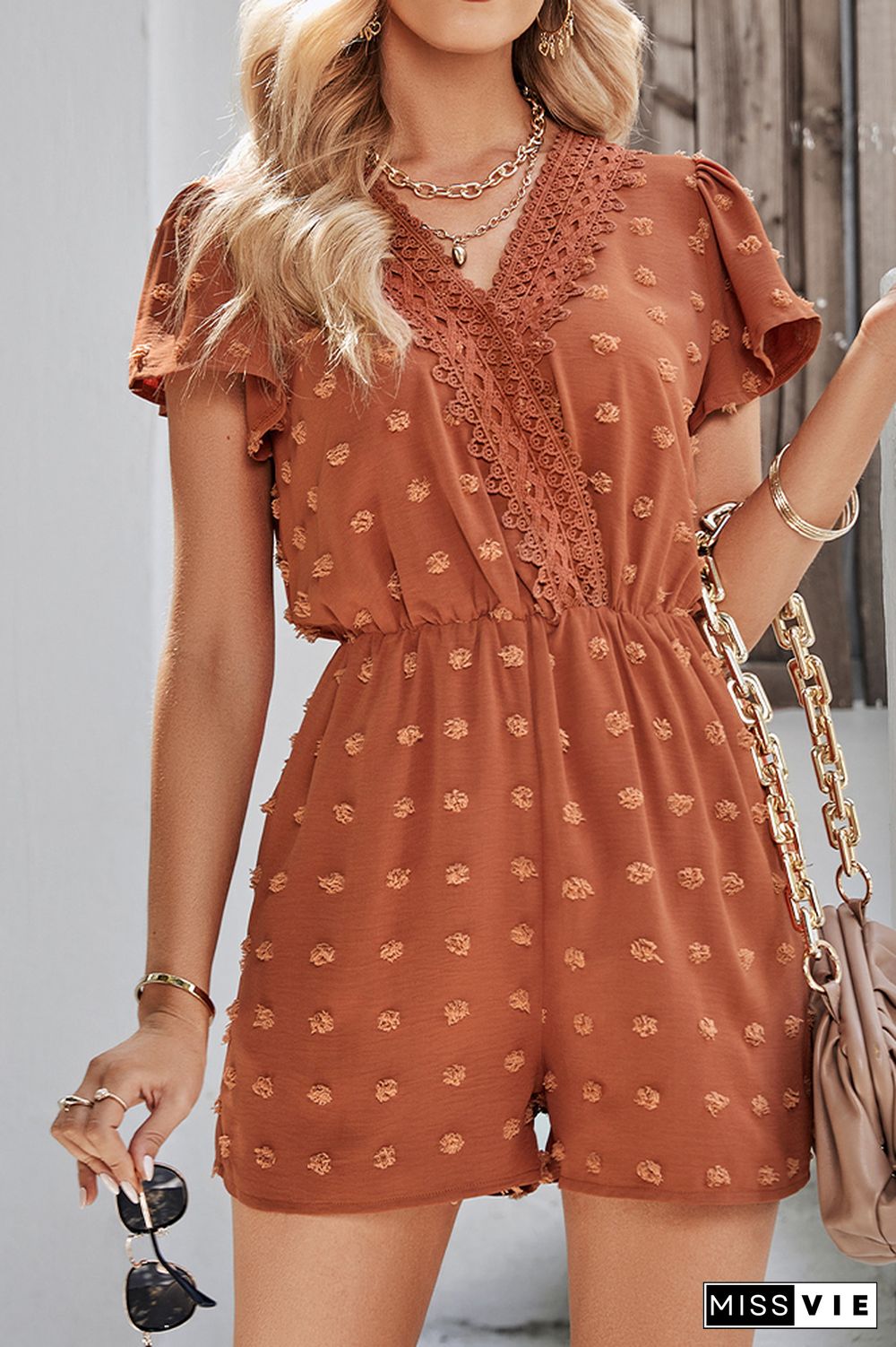 Texture Spot V Neck Crochet Lace Edge Rompers