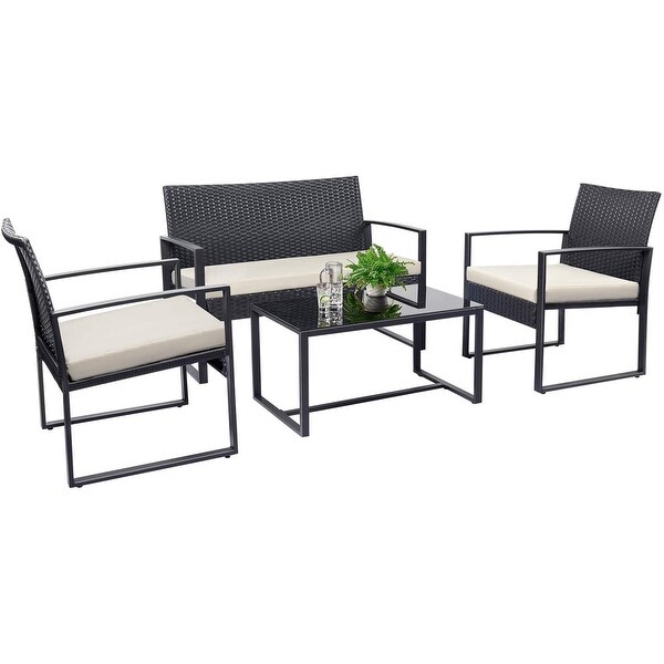 4 Pieces Patio Conversation Sets PE Rattan Chairs with Loveseat and Table - Overstock - 35765538