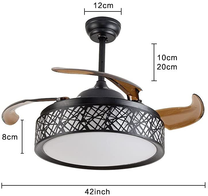 WUZSTAR 42 Inch Invisible Ceiling Fan with Lights 4 Retractable Blades 3 Color Fan Chandelier with Remote Control