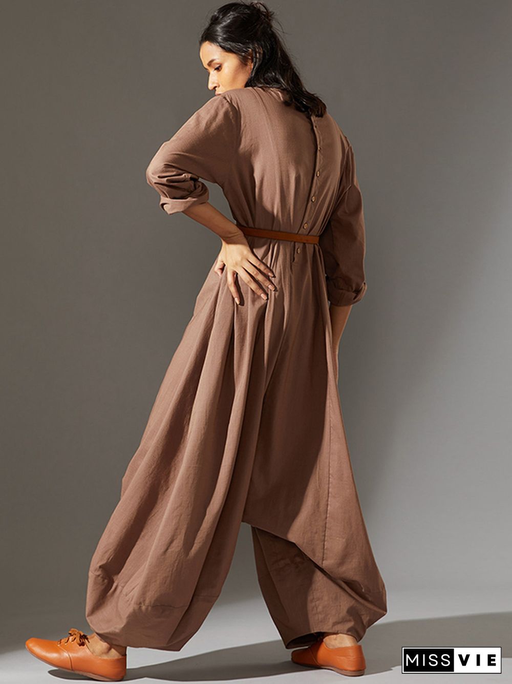 Casual Loose Long Sleeves Solid Color Boat Neck Jumpsuits