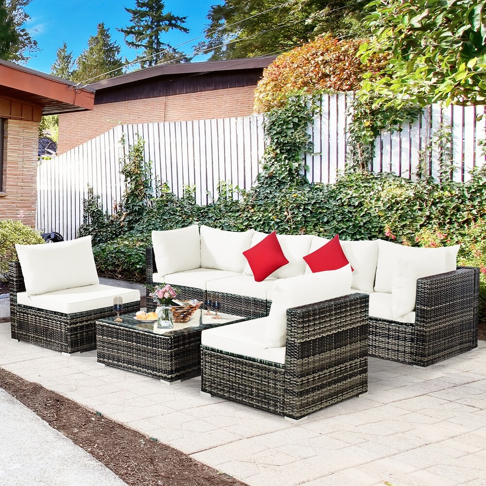 7 PCS Patio Furniture Set Sectional Rattan Sofa Set with Coffee Table