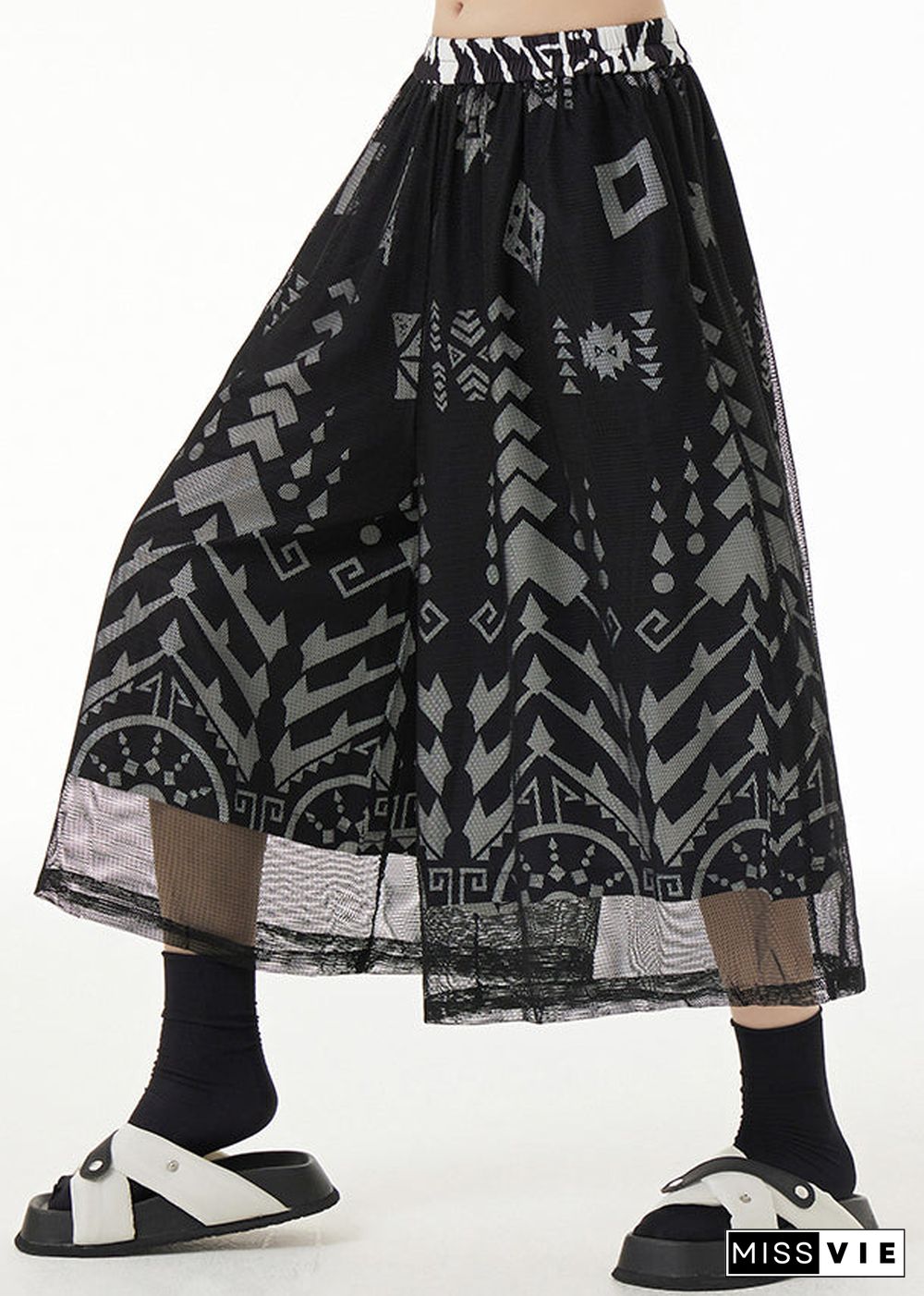 Women Black Print Tulle Crop Pants Fall