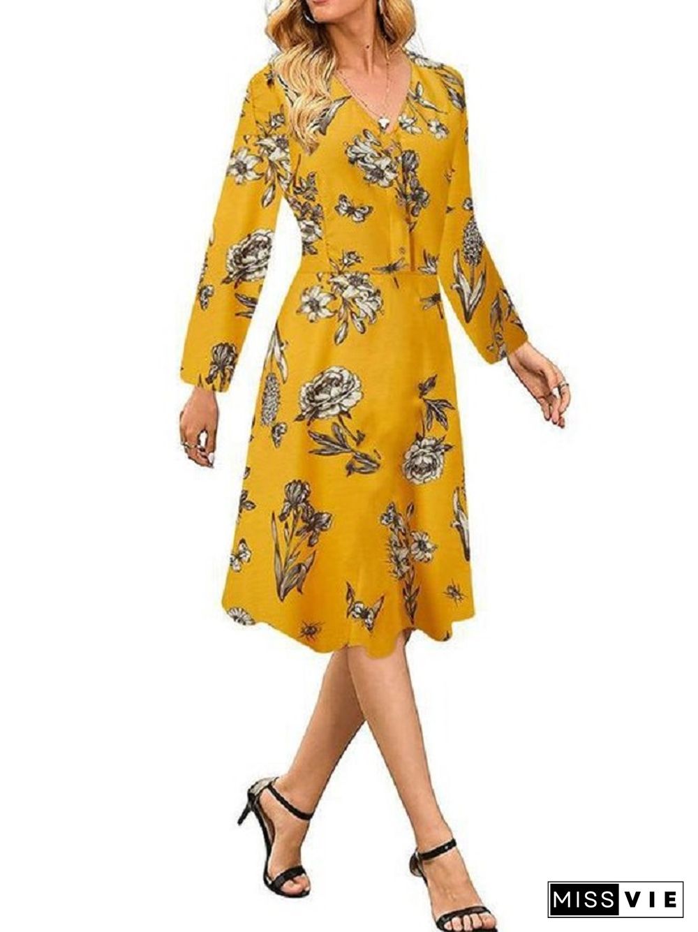 Broken Skirt Slim V-neck Flower Dress