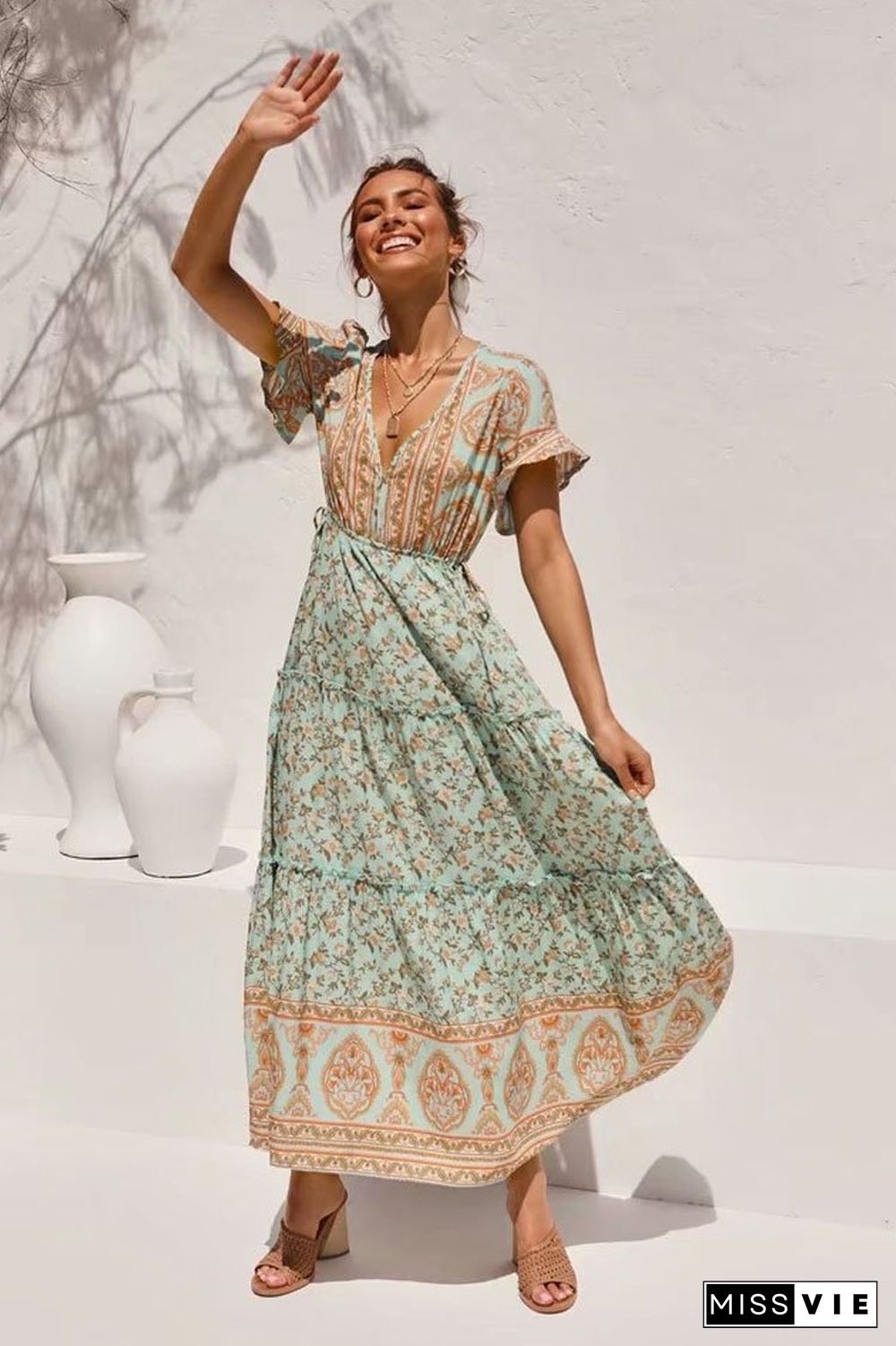 Ruffle Sleeve High Waist Bohemian Print Maxi Dress