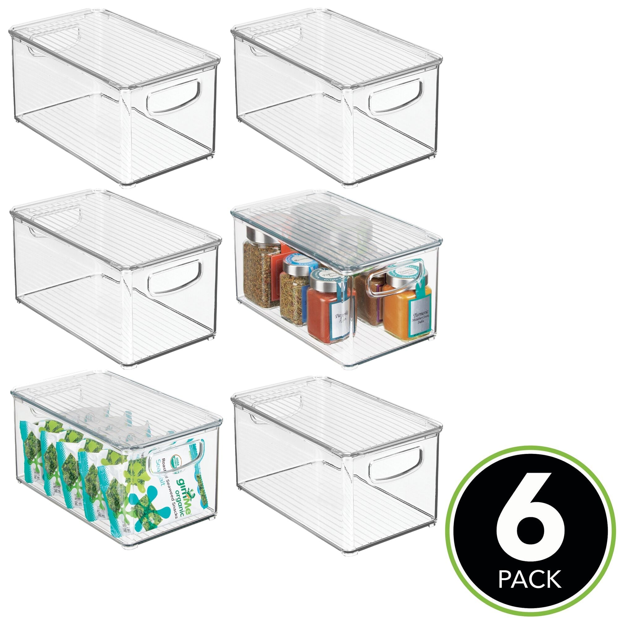 mDesign Plastic Deep Storage Bin Box Container with Lid and Built-In Handles - Organization for Fruit, Snacks, or Food in Kitchen Pantry, Cabinet, or Cupboard, Ligne Collection, 6 Pack, Clear/Clear