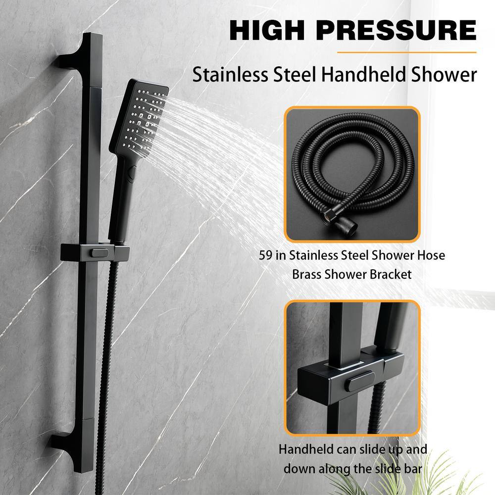 FORCLOVER 3-Spray Square High Pressure Deluxe Wall Bar Shower Kit with Slide Bar and 3-Body Spray in Matte Black FRIMFTHS09MB