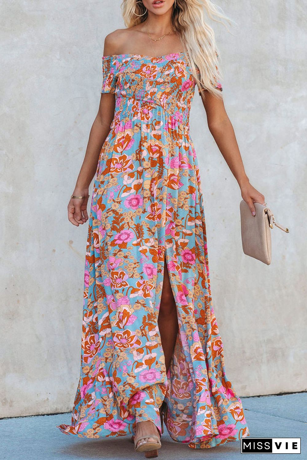 Sky Blue Floral Print Shirred Side Slit Off Shoulder Maxi Dress