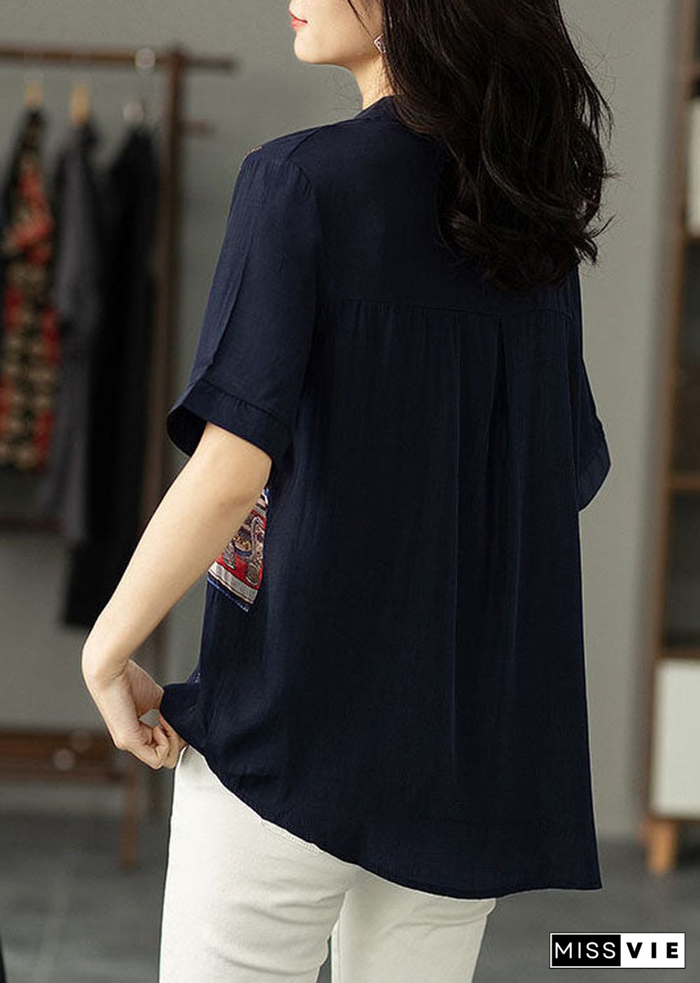 Women Navy Print Zircon Patchwork Cotton Shirt Tops Summer