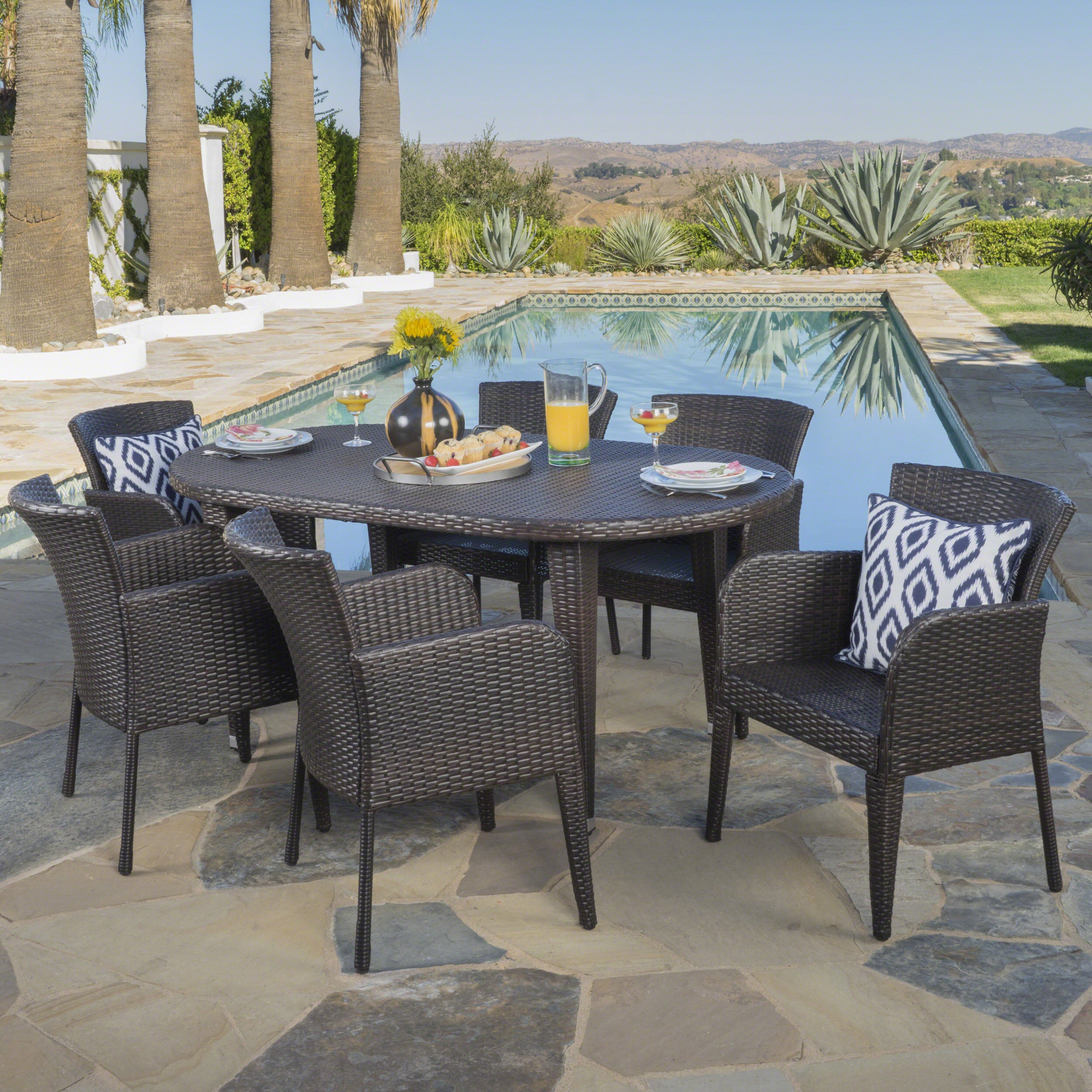 Fairchild Outdoor 7 Piece Multi-brown Wicker Oval Dining Set