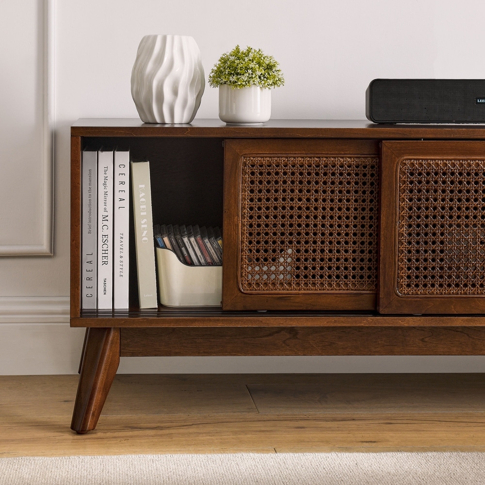 Rattan TV Stand Media Console Entertainment Cabinet for Living Room Bedroom w/ Wood Feet   Rattan Sliding Cabinet Doors