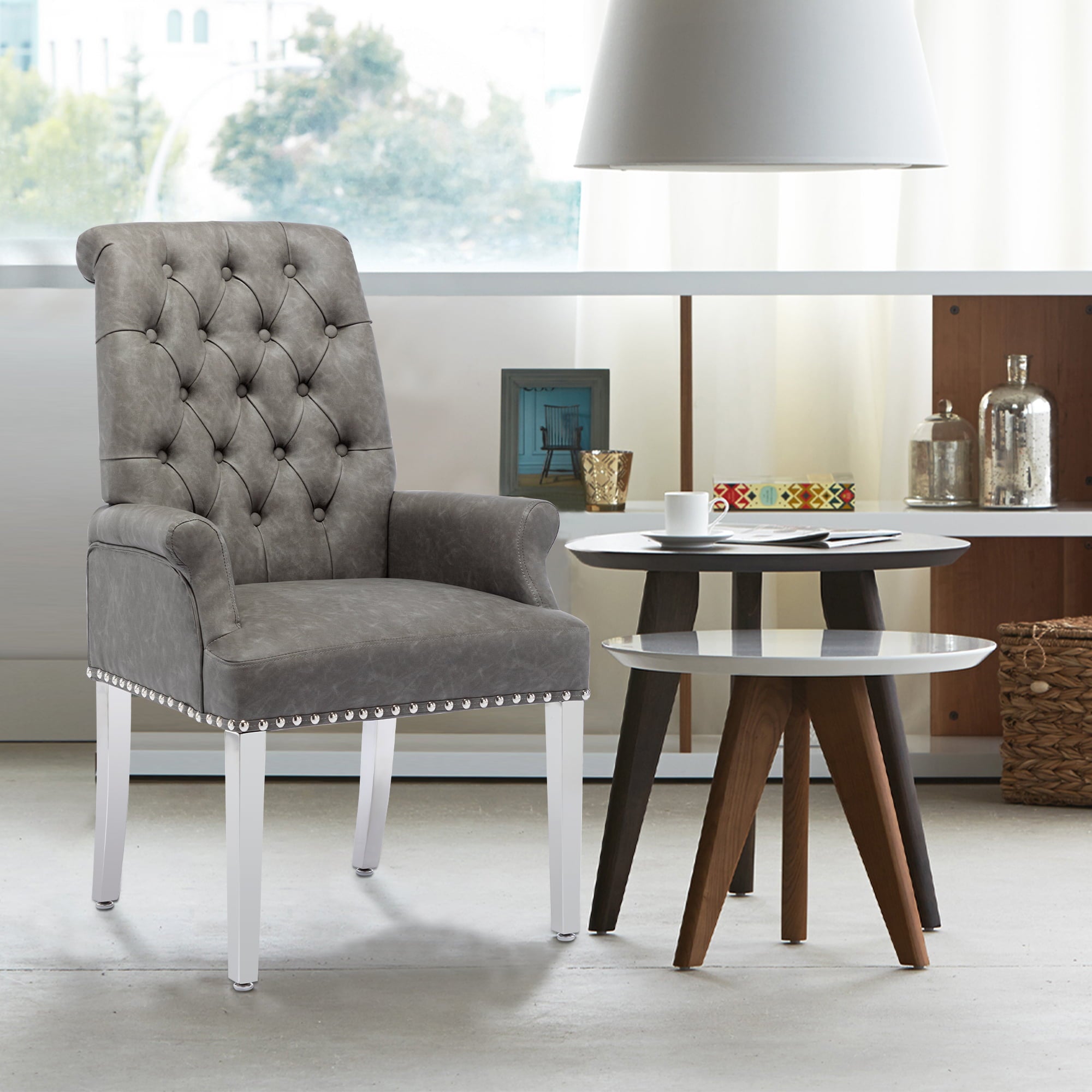 Foredo Upholstered Dining Chairs with Arms， Modern PU Dining Chairs with Metal Legs and Button Tufted Back， PU Gray