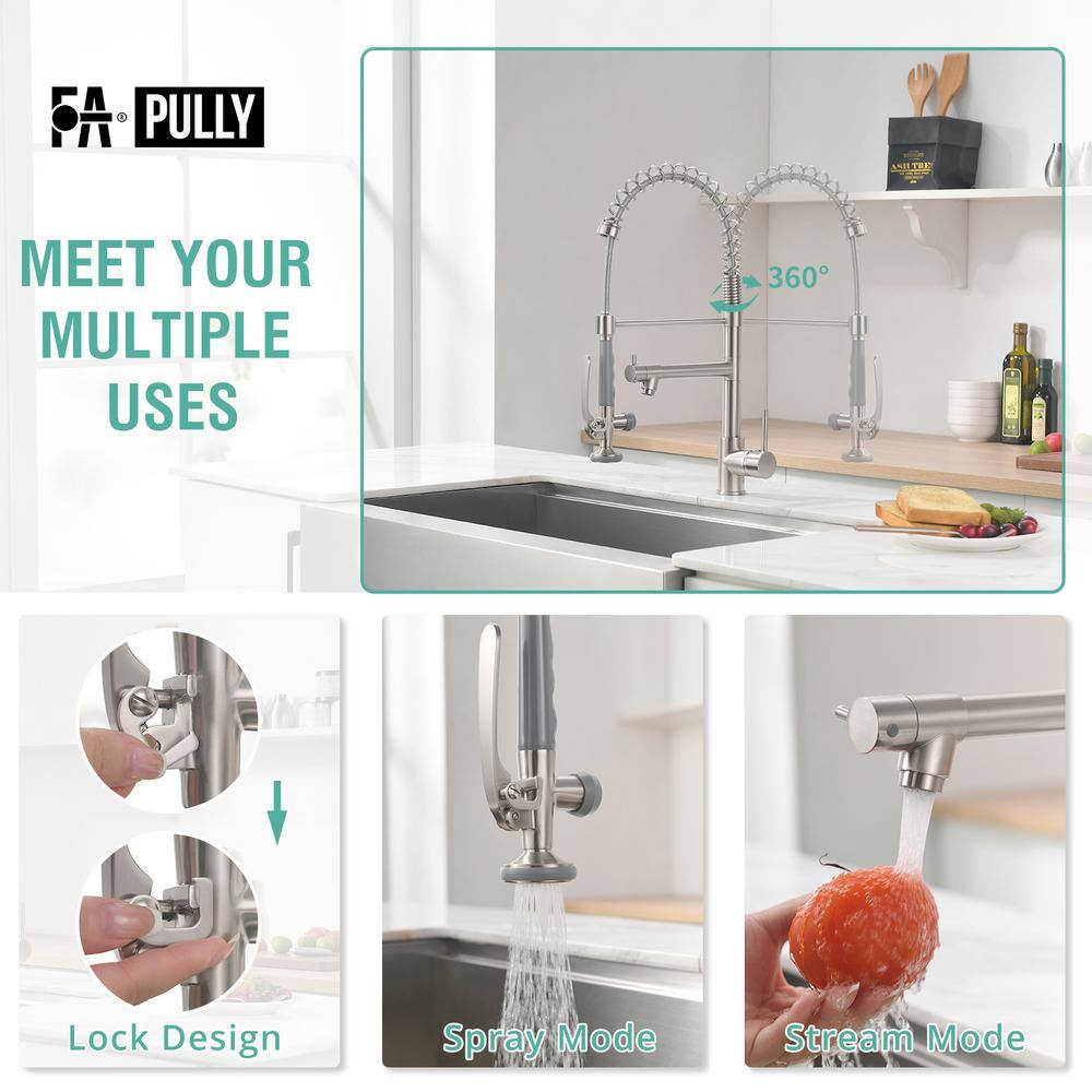 Fapully Spring Single-Handle Pull Down Sprayer Kitchen Faucet Commercial High Goosenck Kitchen Sink Faucet in Brushed Nickel 100550N