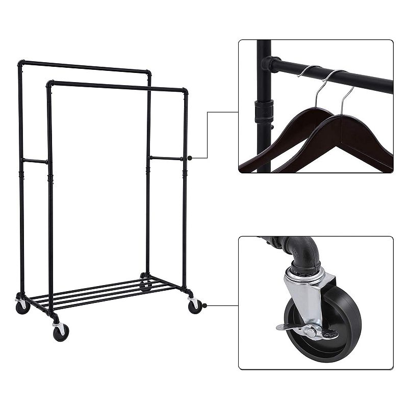 Industrial Pipe Clothes Rack Double Rail on Wheels with Commercial Grade Clothing Hanging