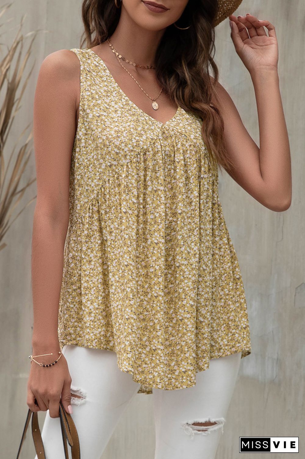 Floral Print Sleeveless V-neck Tank Top Wholesale