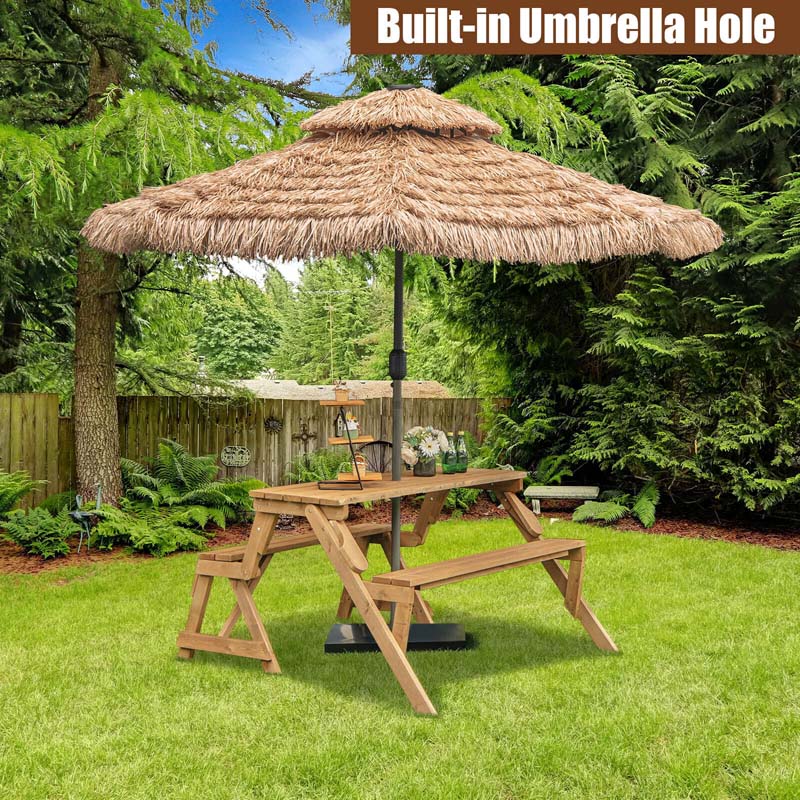 2-in-1 Convertible Wooden Picnic Table Garden Bench, Outdoor Folding Picnic Bench Set with Umbrella Hole