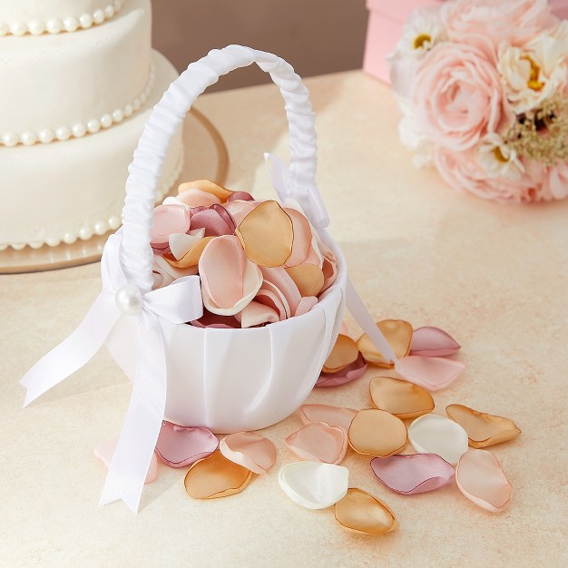 Juvale White Flower Girl Basket For Weddings Flower Pedal Basket In Satin Bowknot And Pearl Design 8 X 5 2 X 6 In