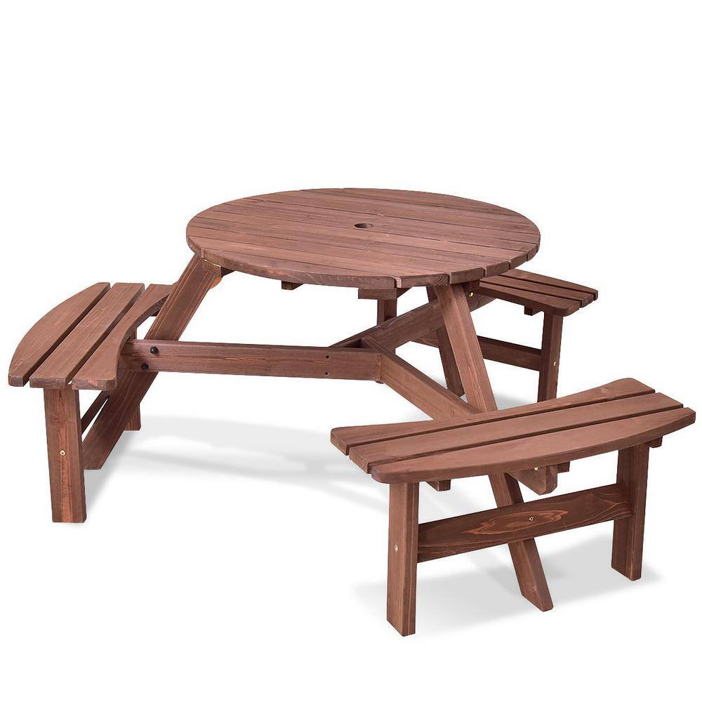 6-Person Round Wood Outdoor Picnic Table with Chair HY-OP70443