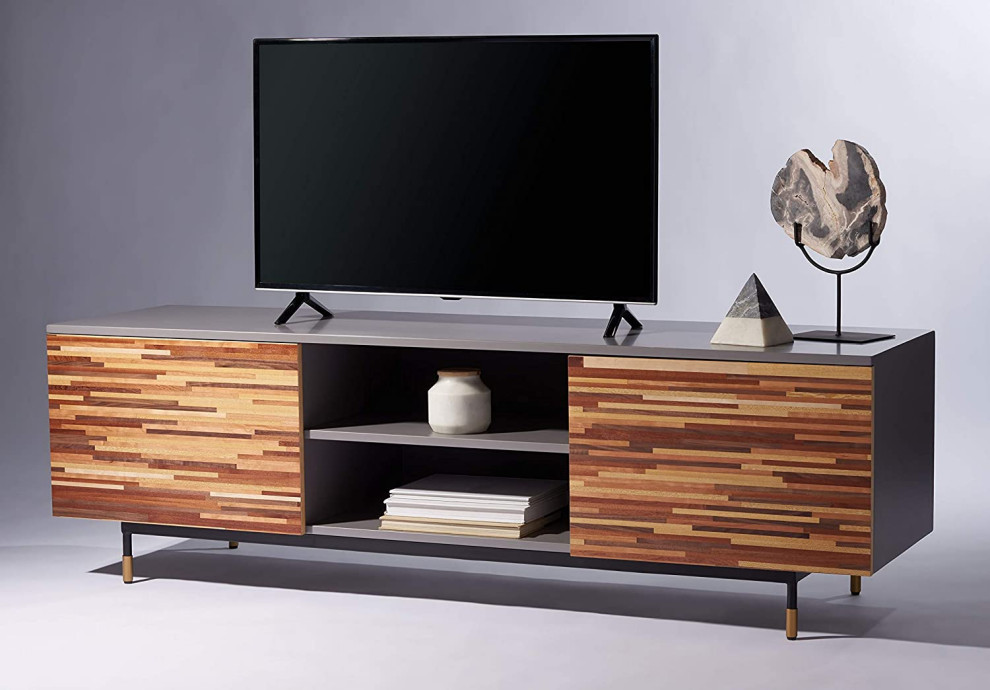 Mid Century TV Stand  2 Open Shelves and 2 Side Cabinets  Light Brown Finish   Industrial   Media Cabinets   by Decorn  Houzz