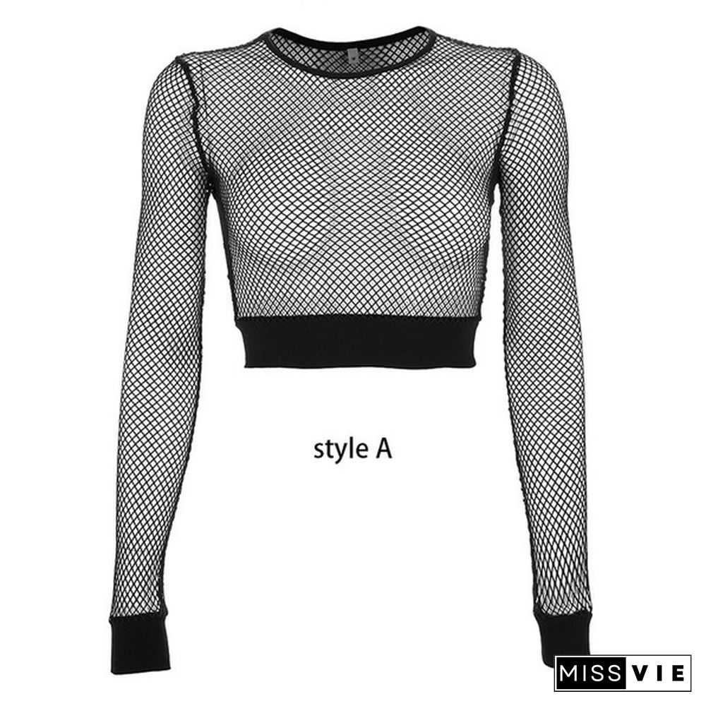 Women's Summer Fashion Black Fishnet Tops Sexy Hollow Long Sleeve Mesh Tops T-shirt Sheer Tops