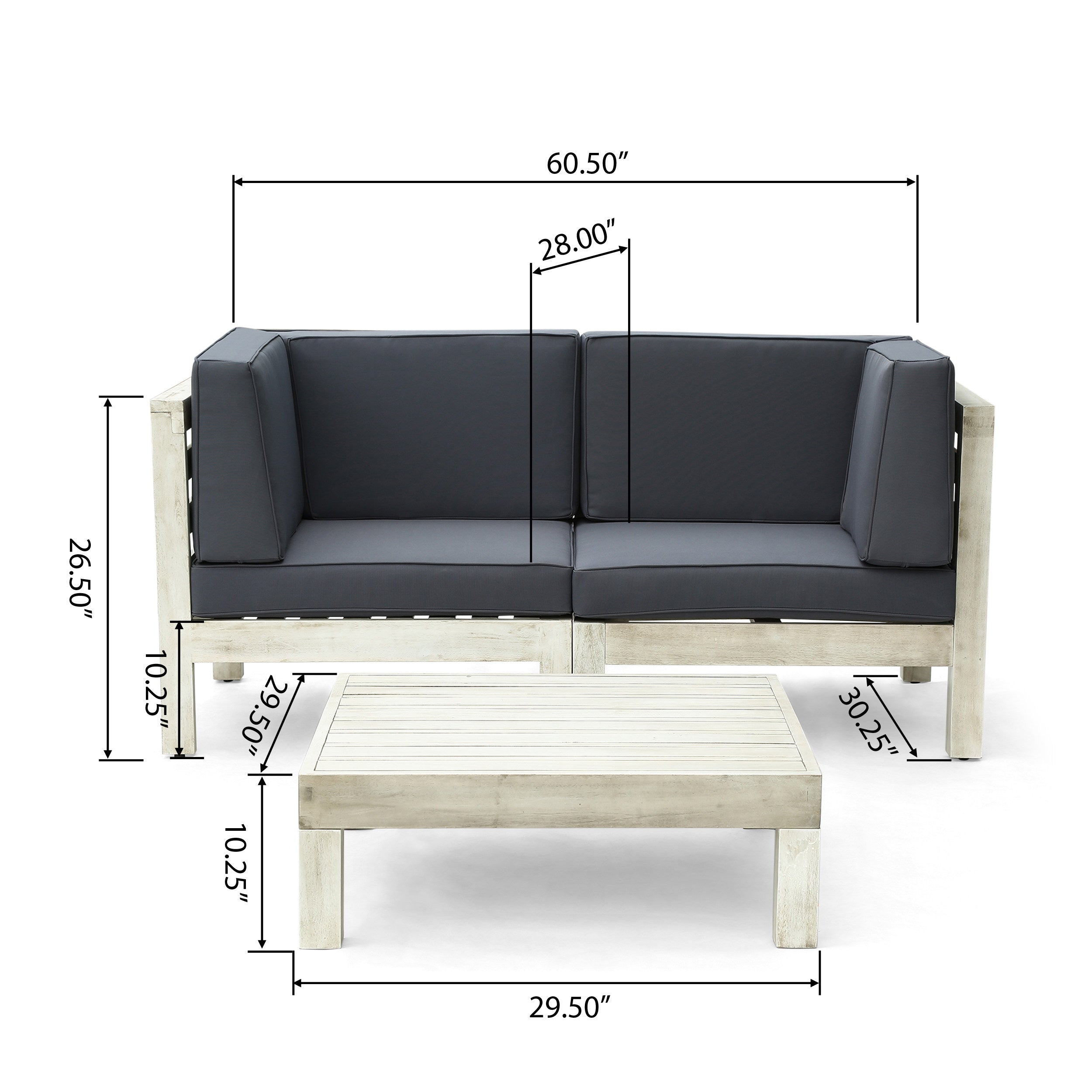 Brava Outdoor Modular Acacia Wood Sofa with Cushions and Coffee Table Set