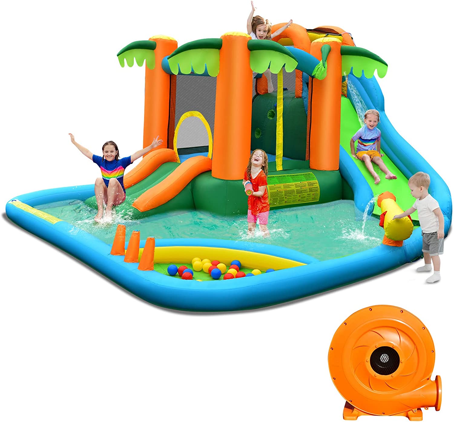 Multiple Play Areas 7 in 1 Jungle Water Park w/ Two Slides & Jumping Area