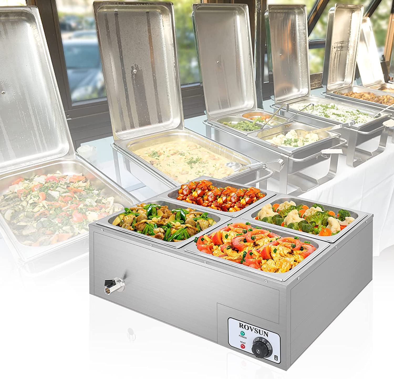 ROVSUN 42.3QT Electric Commercial Food Warmer， 4-Pan Stainless Steel Bain Marie Buffet Countertop 10.6 QT/Pan