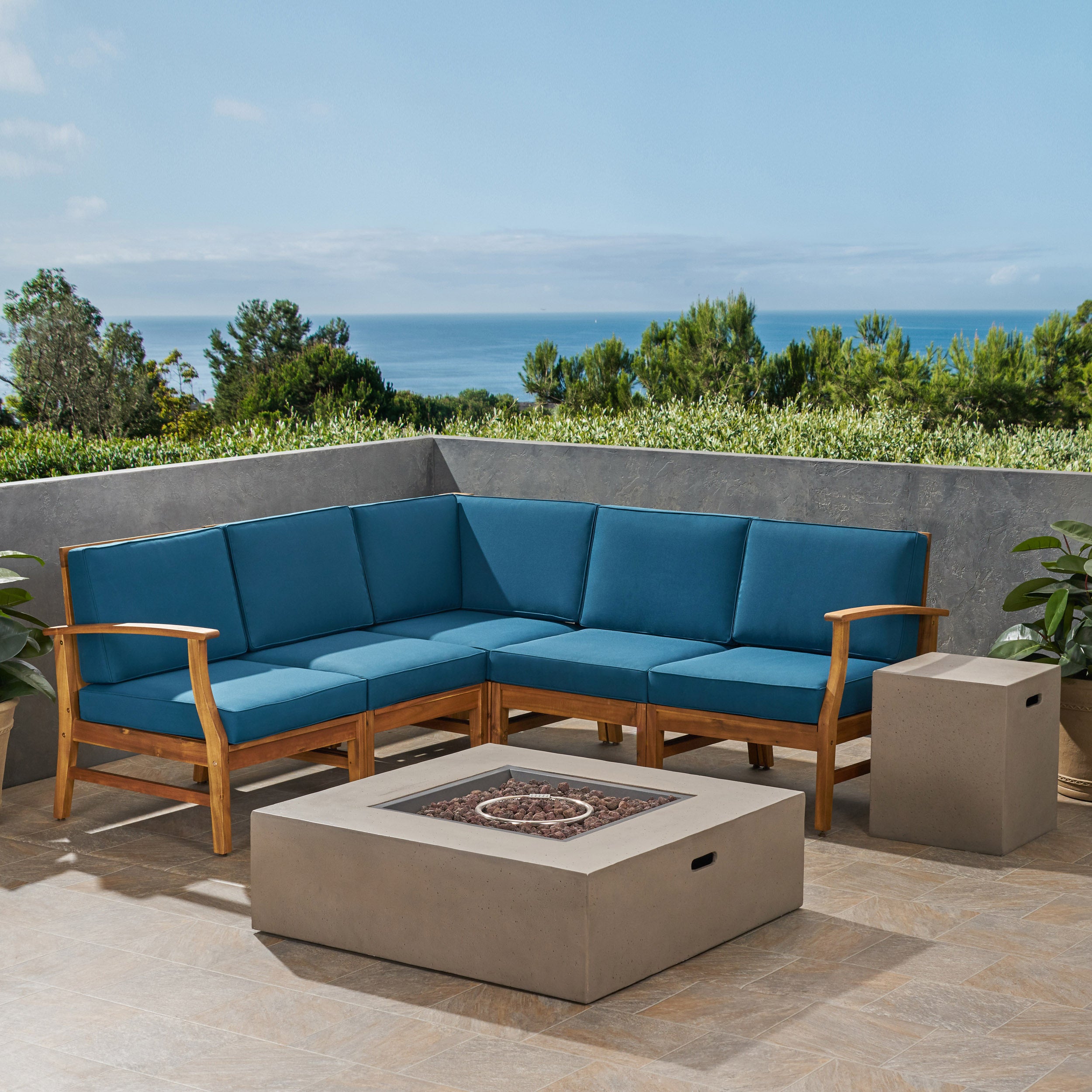 Nyeemah Outdoor 5 Seater V-Shaped Acacia Wood Sofa Set with Square Fire Table and Tank