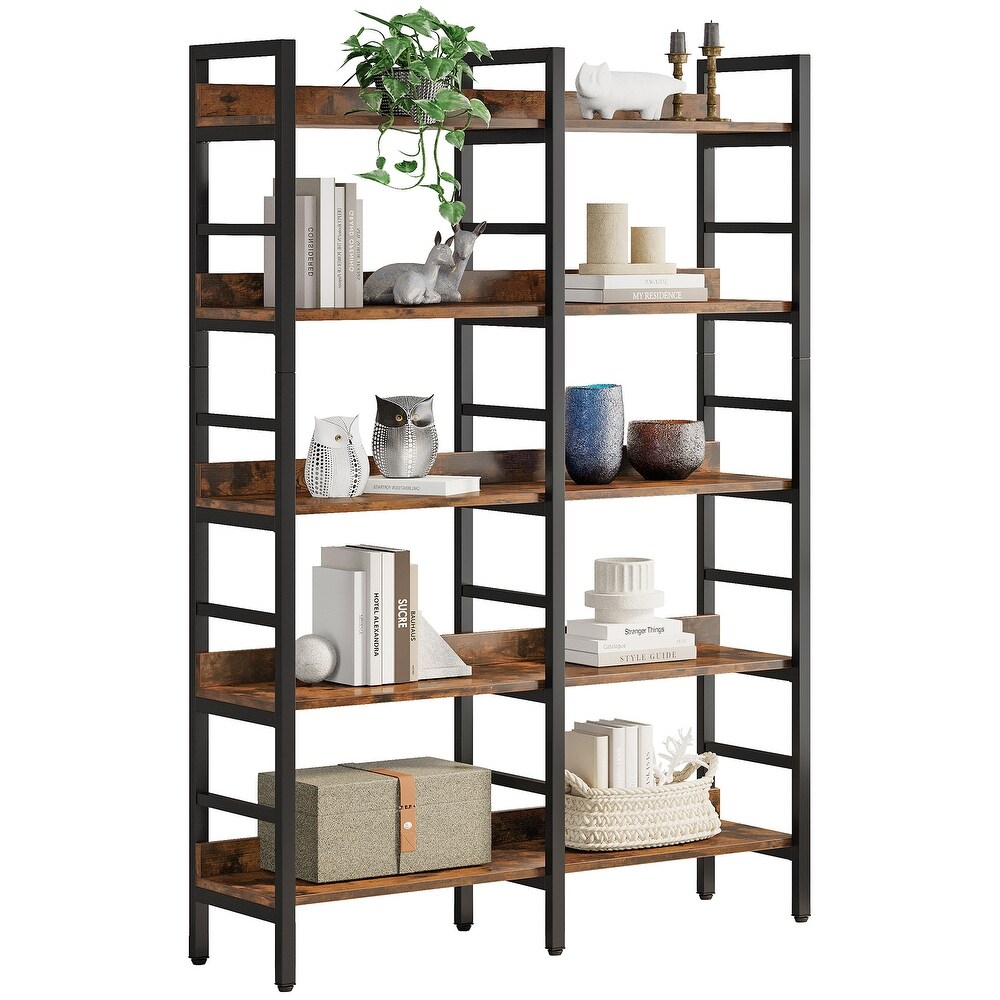 5 Tier Double Wide Bookshelf with Wood and Meta Frame  Etagere Bookcase Storage and Display Shelf for Living Room  Home Office