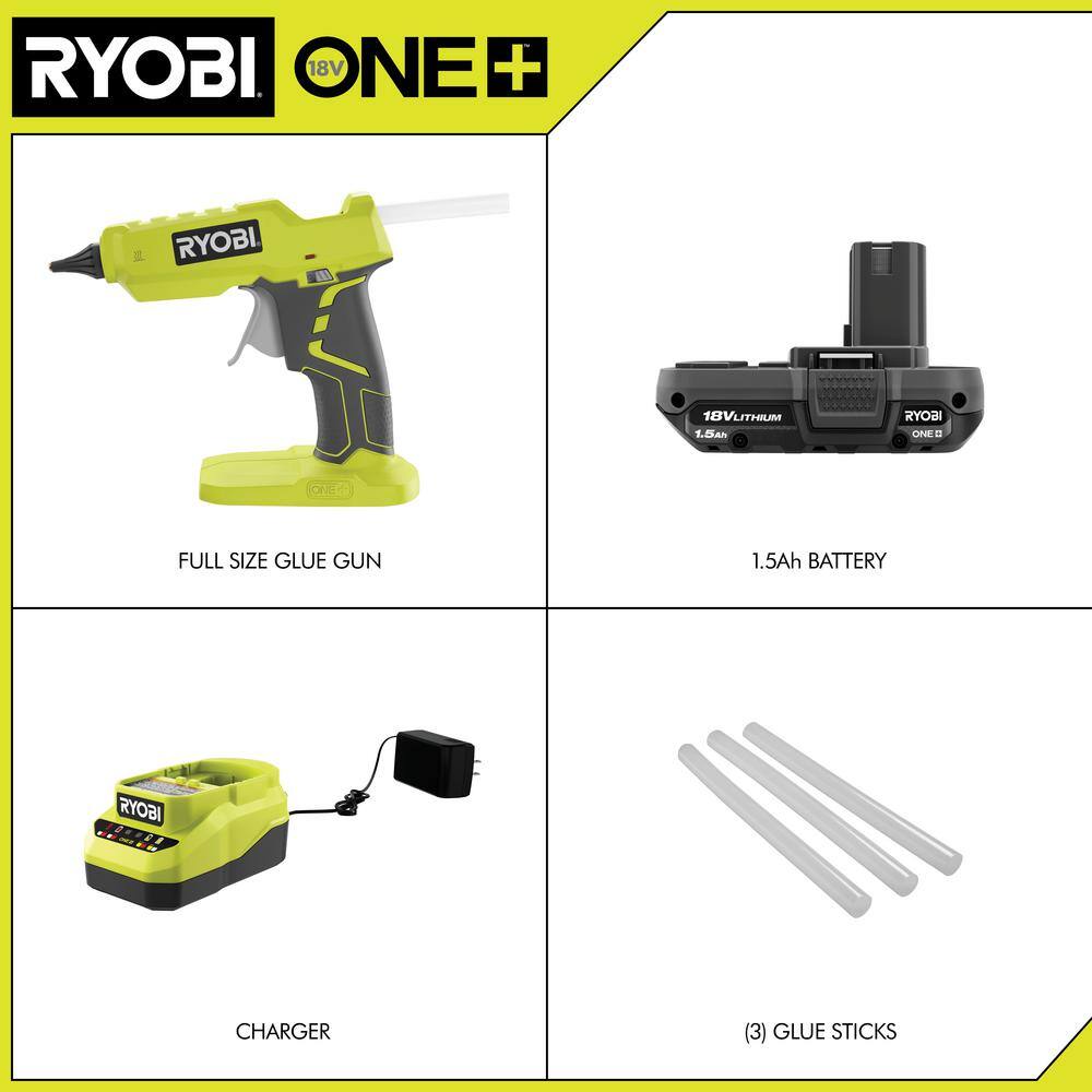 RYOBI ONE+ 18V Cordless Full Size Glue Gun Kit with 1.5 Ah Battery 18V Charger and (3) 12 in. Glue Sticks P305K1