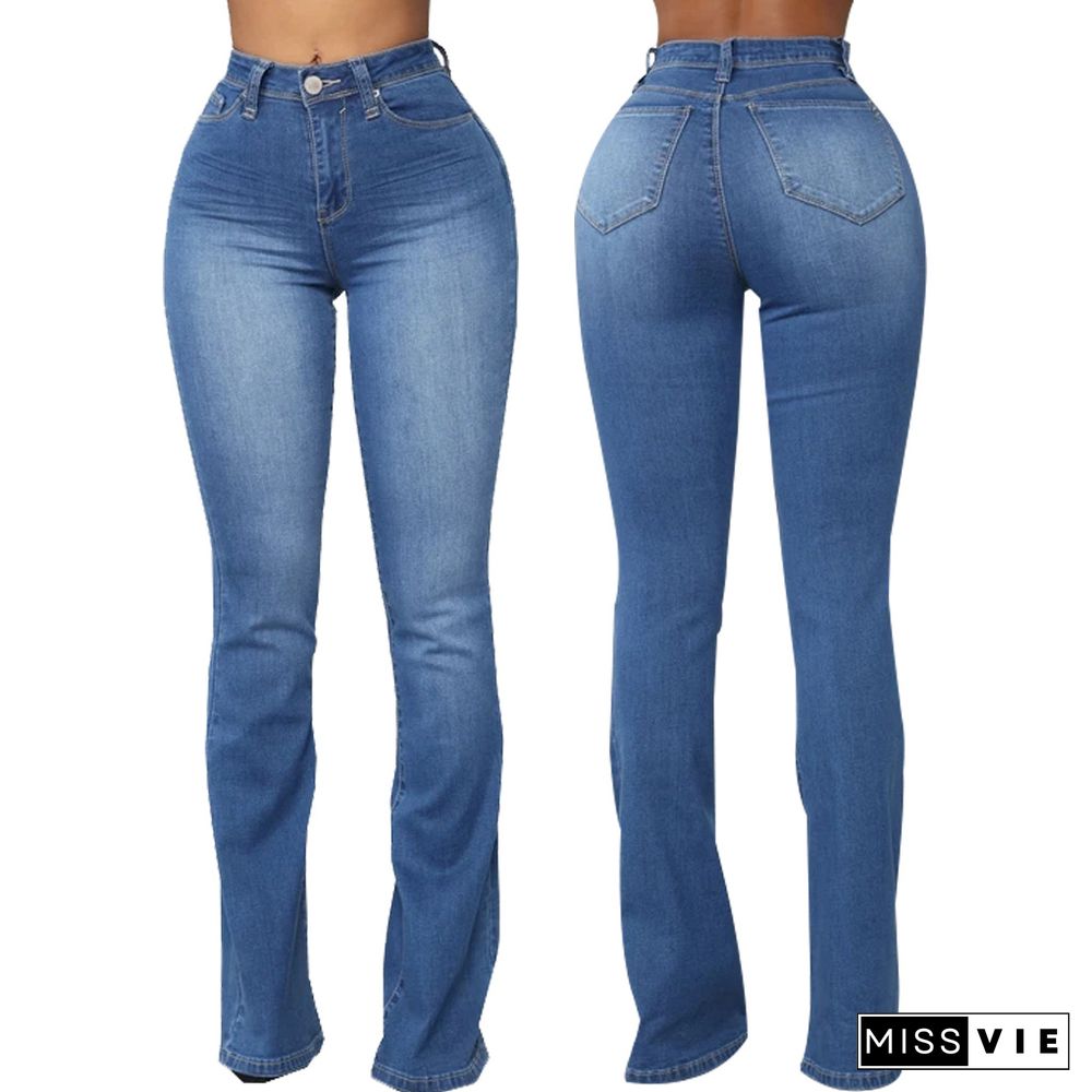 High Waist Full Length Slim Flare Jeans Pants