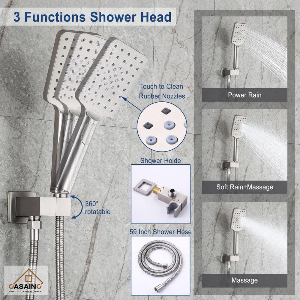 CASAINC 1Handle 3Spray Pattern 10 in Wall Mount Shower Head Tub and Shower Faucet Brushed Nickel